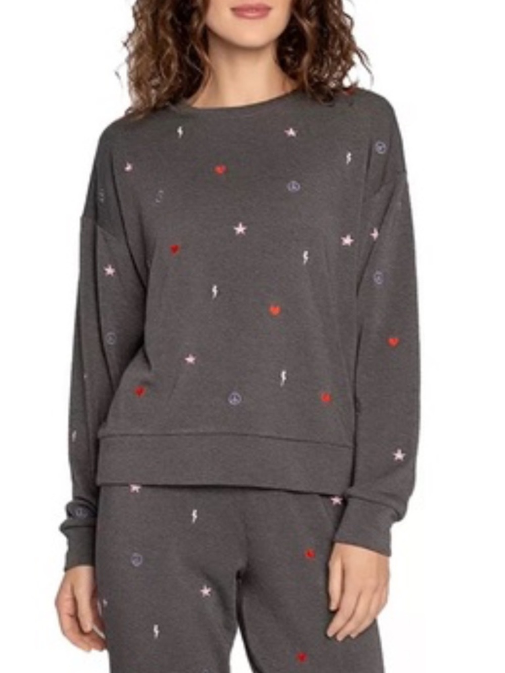 PJ Salvage Love Life Embroidered Fleece Pajama Top Size L